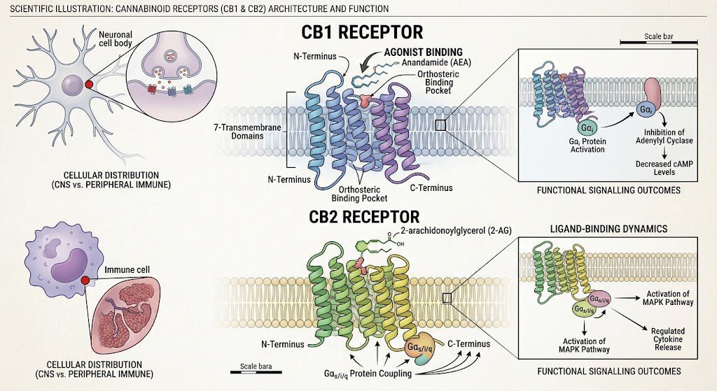 Cannabinoid Receptors Explained: Detailed scientific illustration of CB1 and CB2 receptor pathways.
