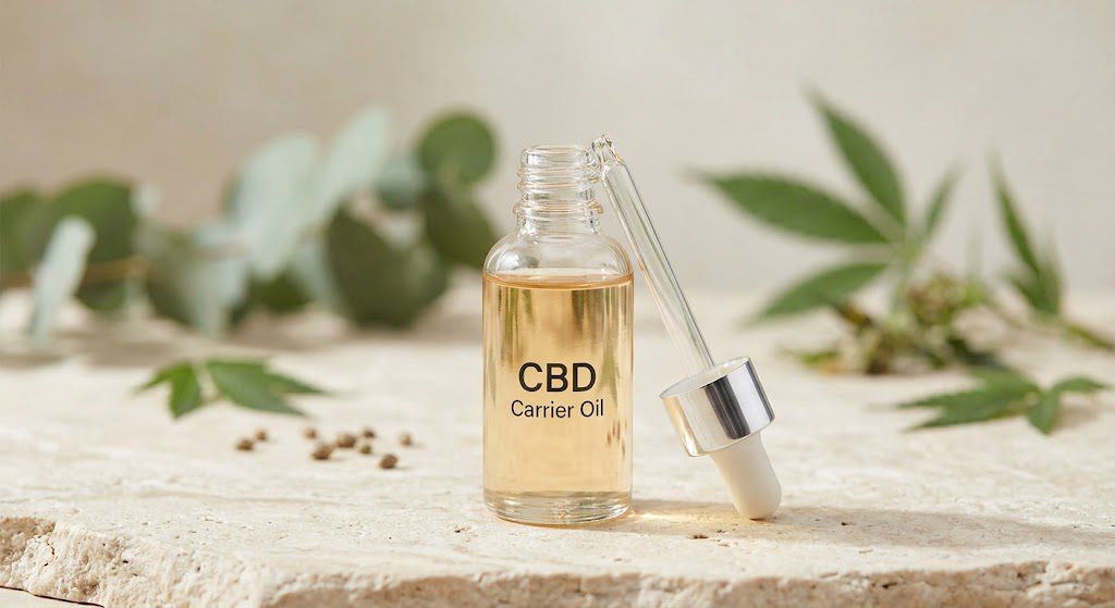 CBD Carrier Oil bottle with dropper on clean light background