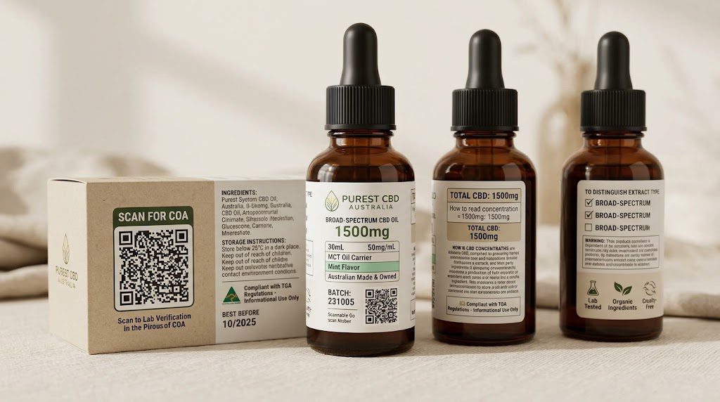 CBD Oil Labels showing cannabinoid content and dosage details