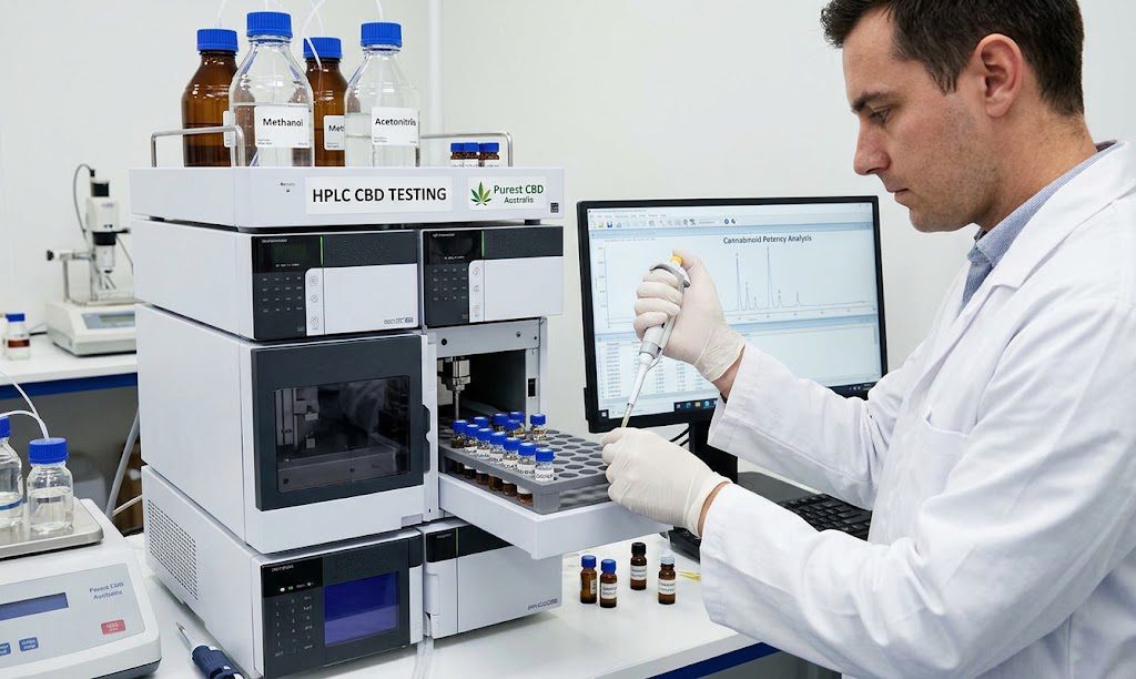 HPLC CBD Testing laboratory equipment analyzing hemp extract sample