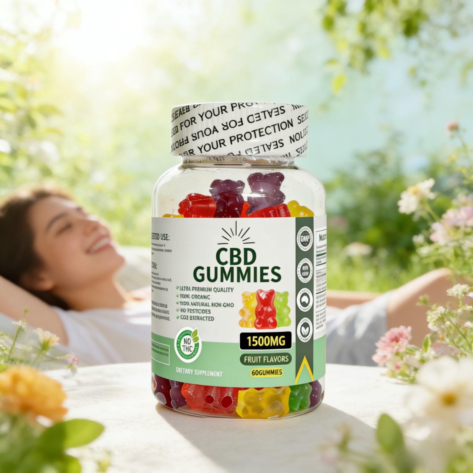 1500mg CBD gummies bottle in a bright lifestyle setting