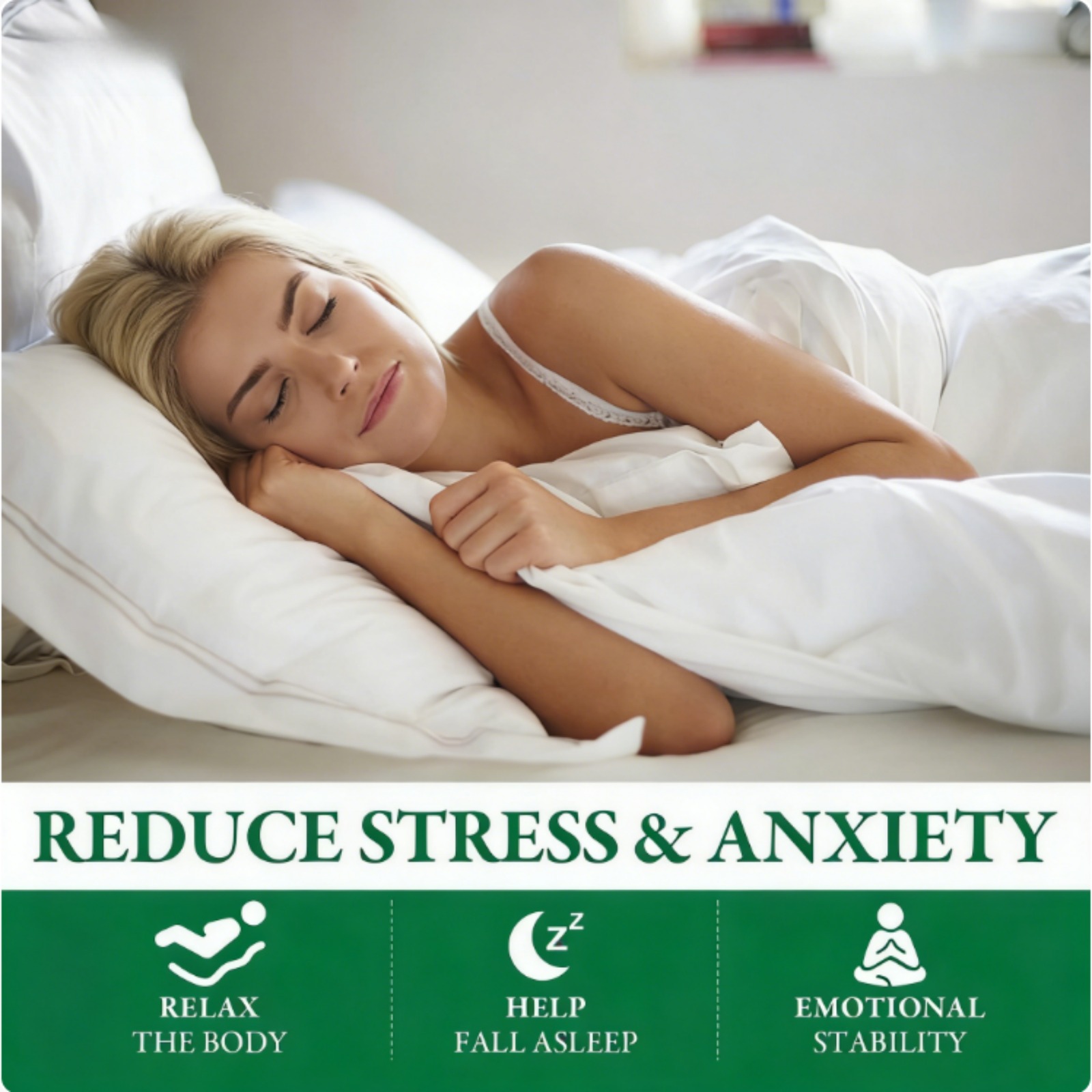 Woman resting in bed beside 1500mg CBD gummies product information