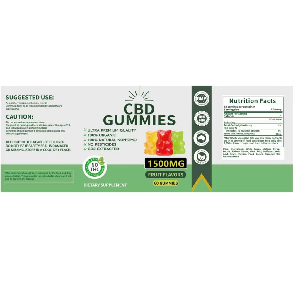 Front and back label artwork for 1500mg CBD gummies