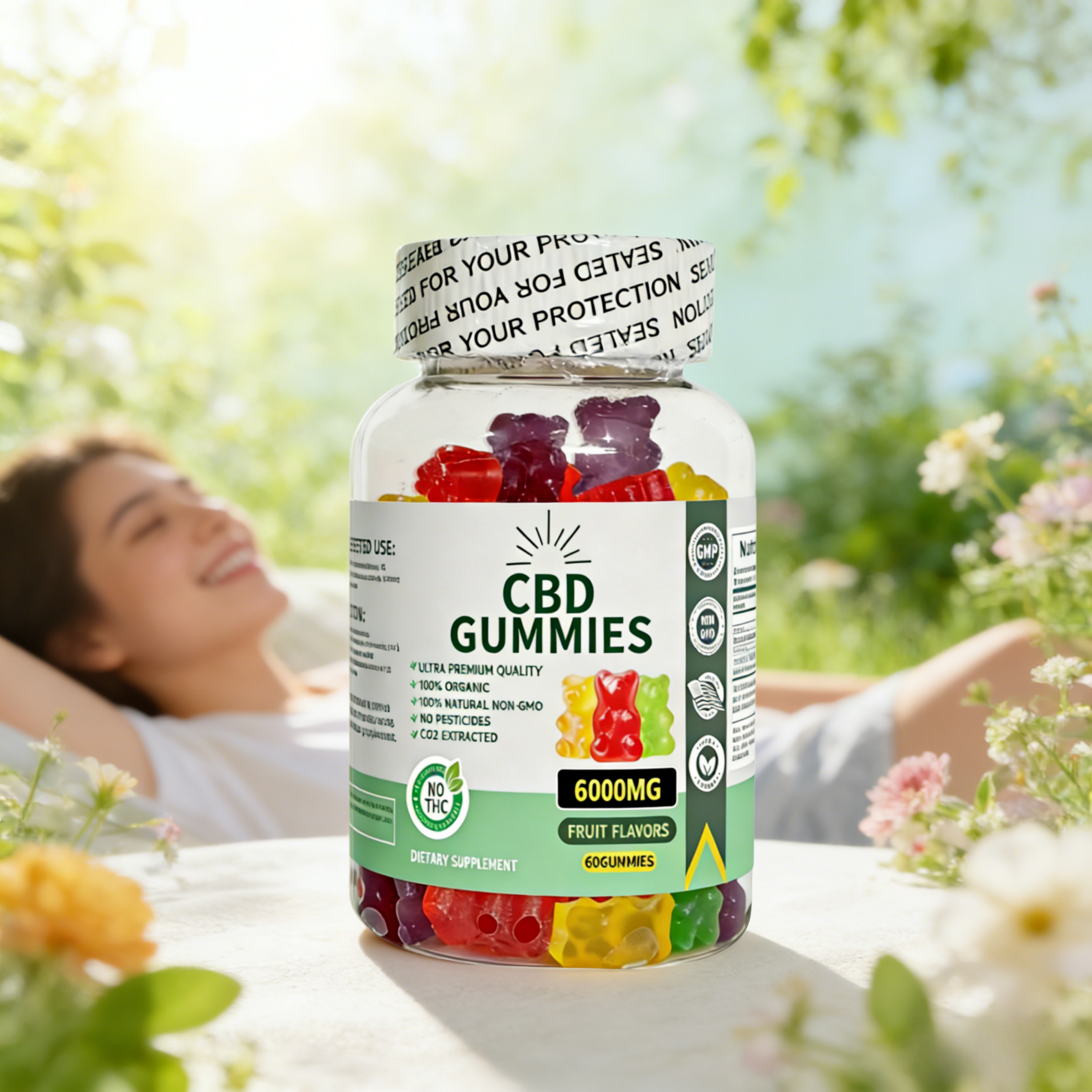 6000mg CBD gummies bottle displayed in a natural setting