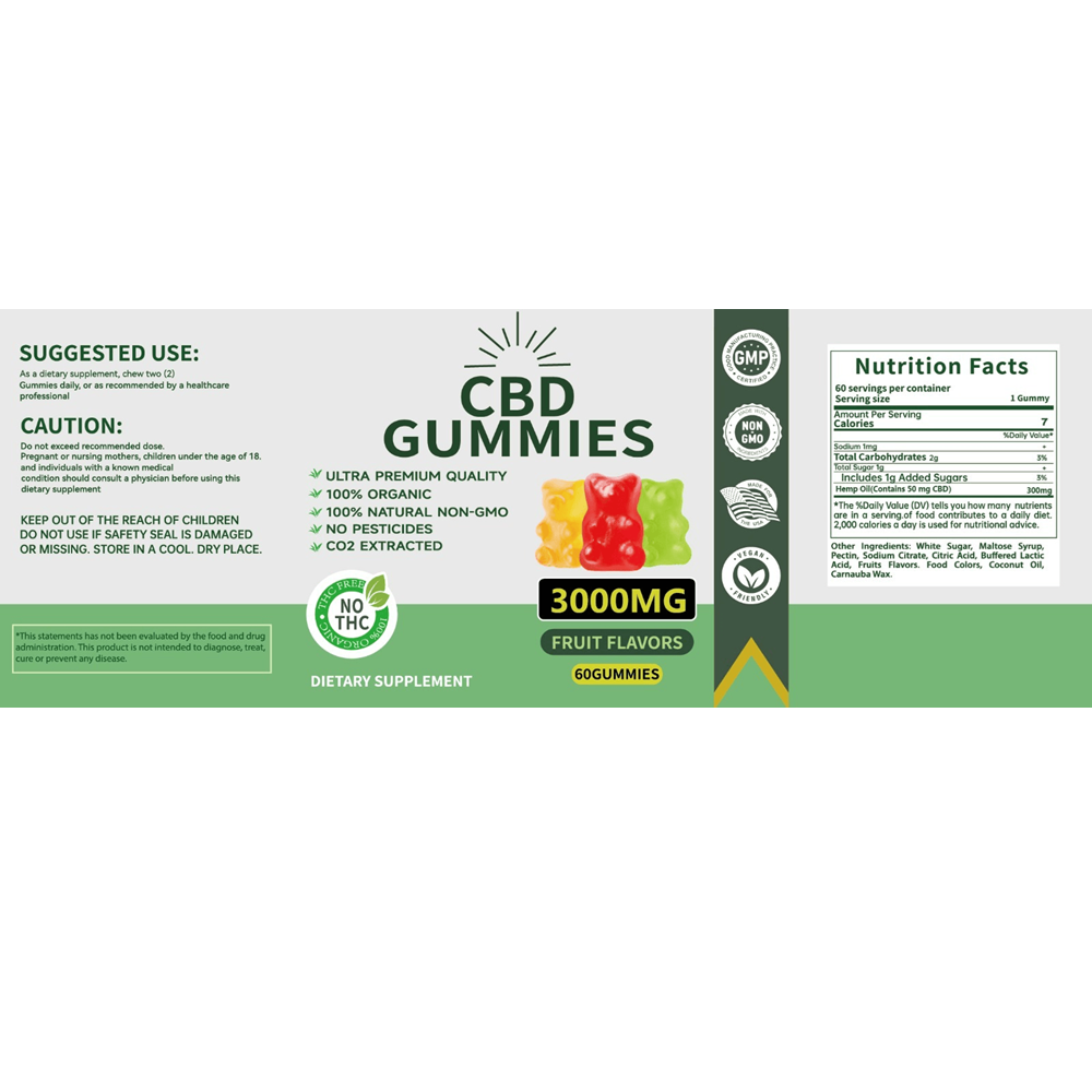 3000mg CBD gummies bottle label and packaging information
