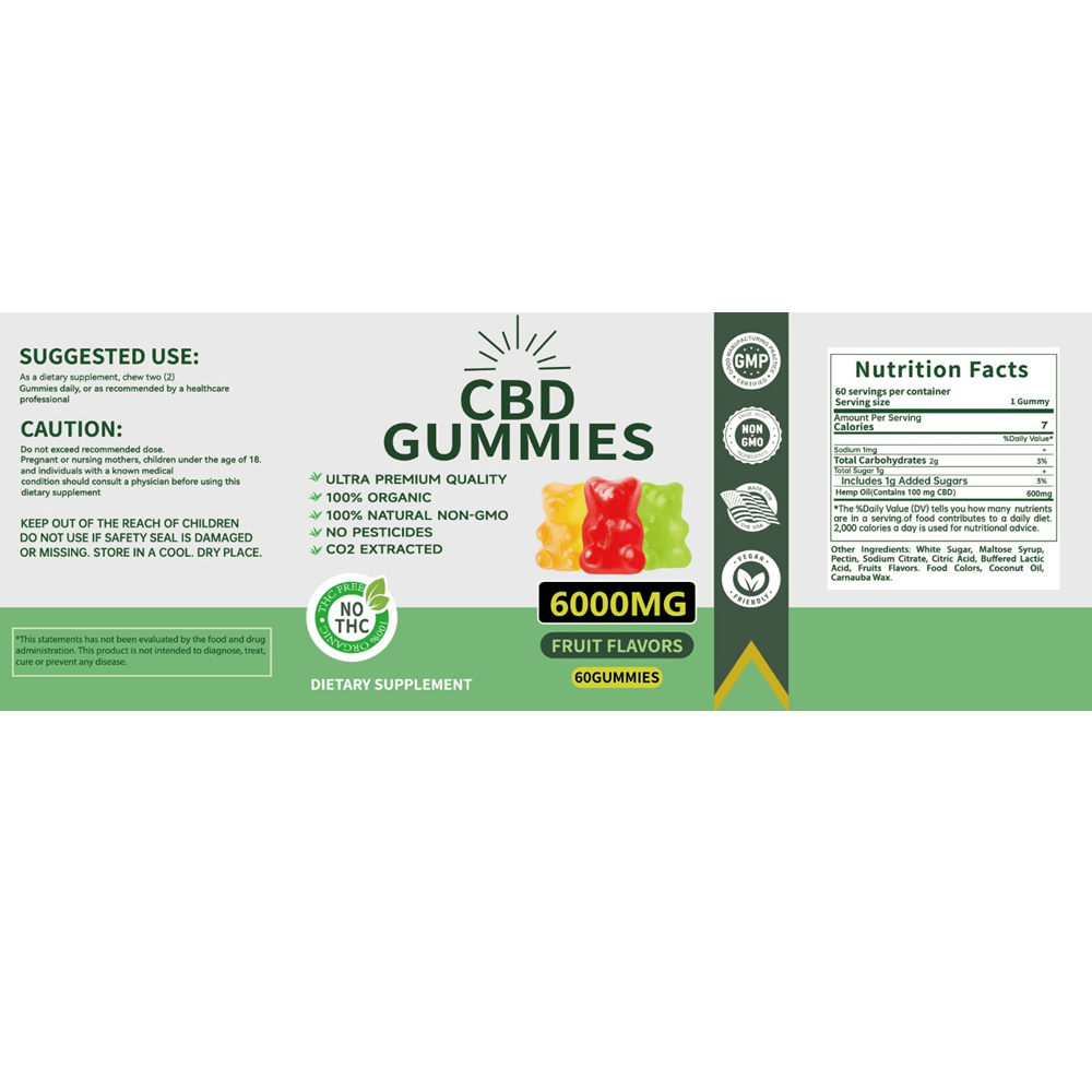 6000mg CBD gummies bottle label and product information