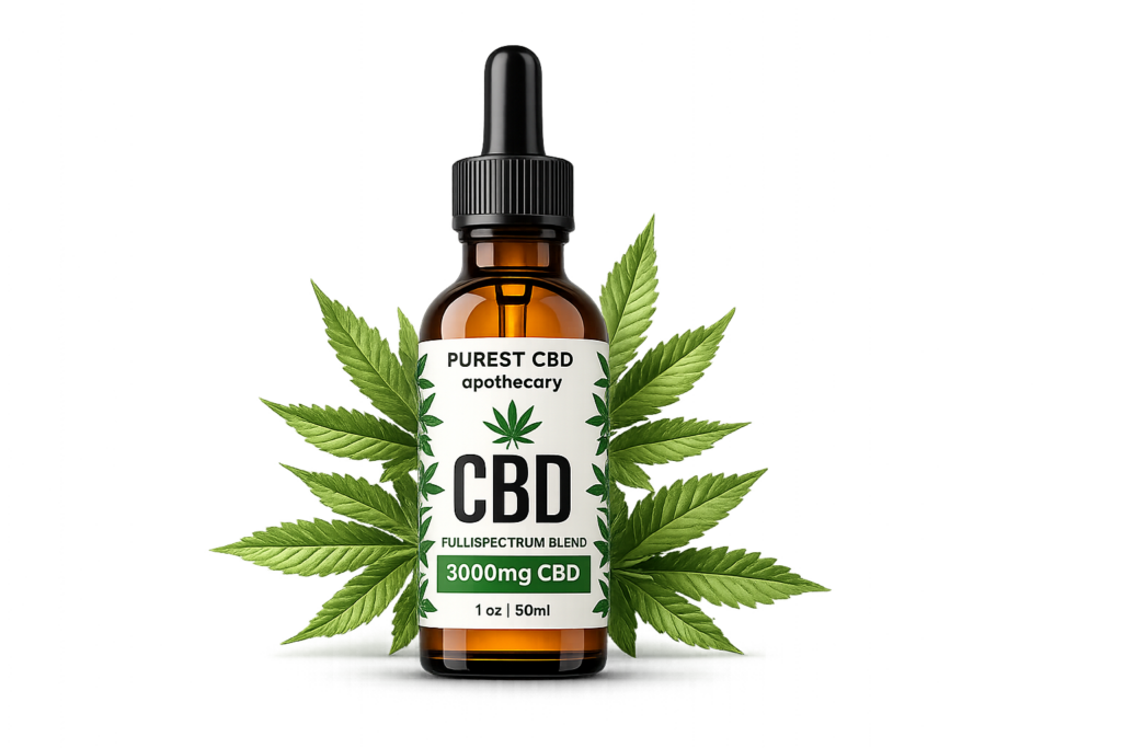 A bottle of Purest CBD Oil 3000mg with a dropper cap in front of green hemp leaves.
