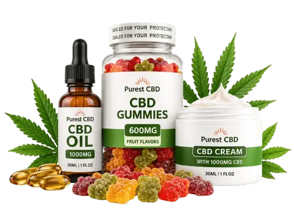 Purest CBD Australia product range showing broad-spectrum CBD oil, gummies, and topical cream
