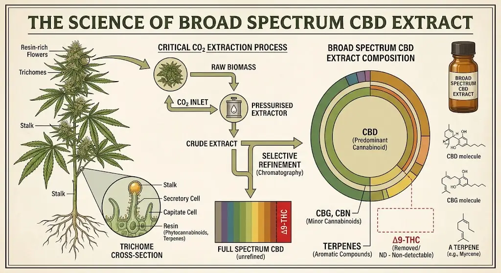 A detailed view of broad spectrum CBD extract in an educational botanical setting