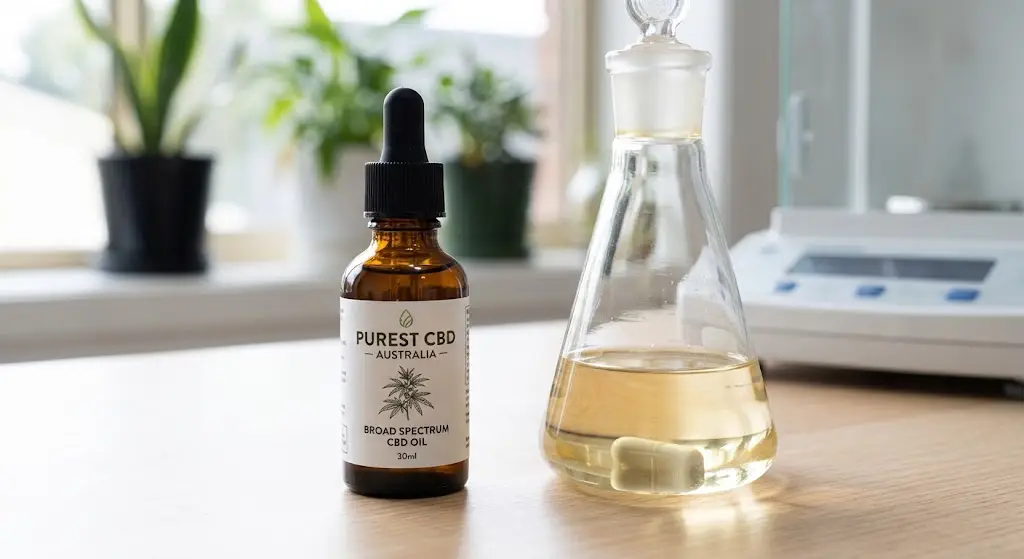 Broad Spectrum CBD oil bottle and laboratory testing flask