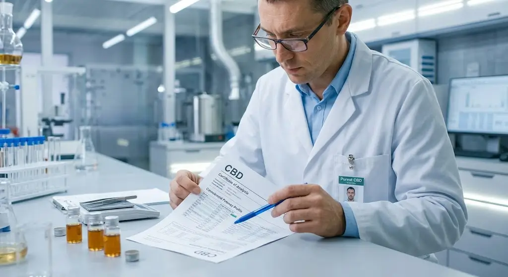 Laboratory technician reviewing a CBD Certificate of Analysis test report