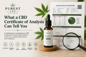 CBD Certificate of Analysis showing cannabinoid profile, THC results, batch information, contaminant screening and testing dates