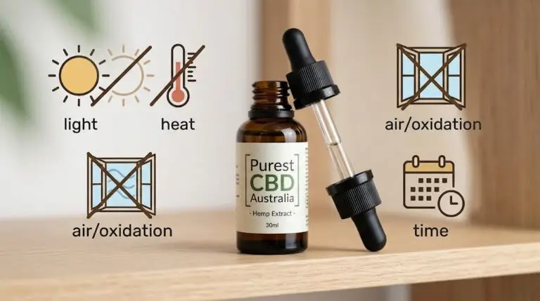 CBD Shelf Life factors including amber glass bottle protection from light and heat