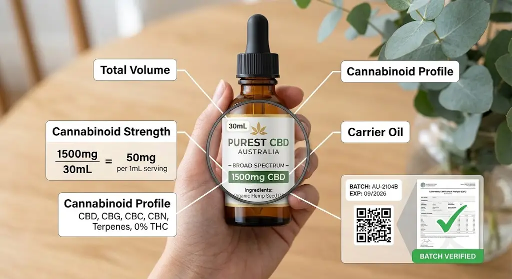 Educational diagram demonstrating how to inspect CBD product labels and batch verification numbers