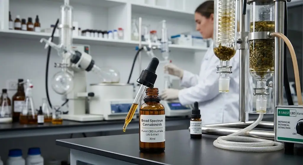Broad Spectrum Cannabinoids laboratory extraction amber oil bottle