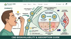 CBD Bioavailability diagram showing botanical hemp extract absorption and lipid carrier interaction