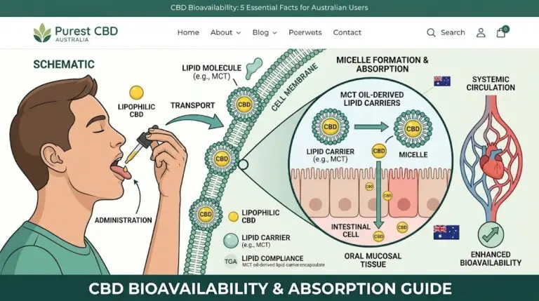 CBD Bioavailability diagram showing botanical hemp extract absorption and lipid carrier interaction