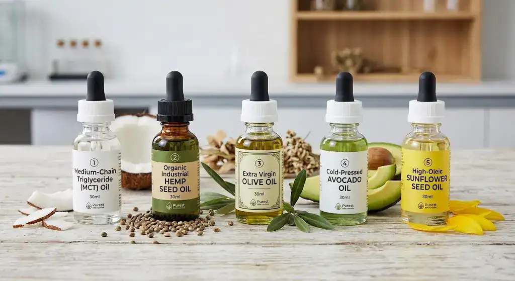 CBD Carrier Oils bottle on clean wooden table with natural lighting