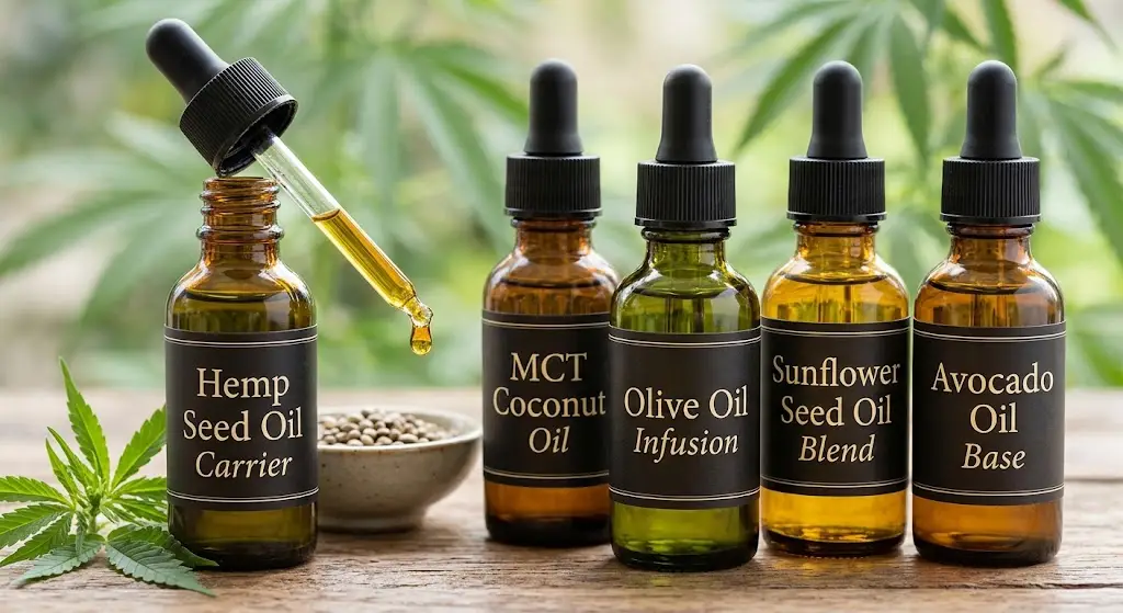 CBD carrier oils overview showing glass dropper bottles with hemp oil