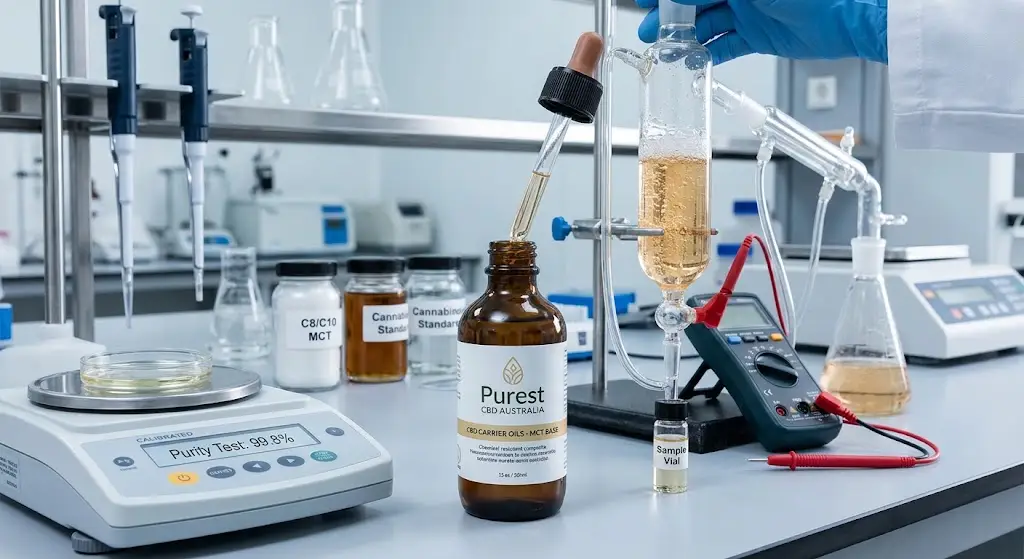 CBD Carrier Oils bottle and dropper undergoing laboratory testing for purity