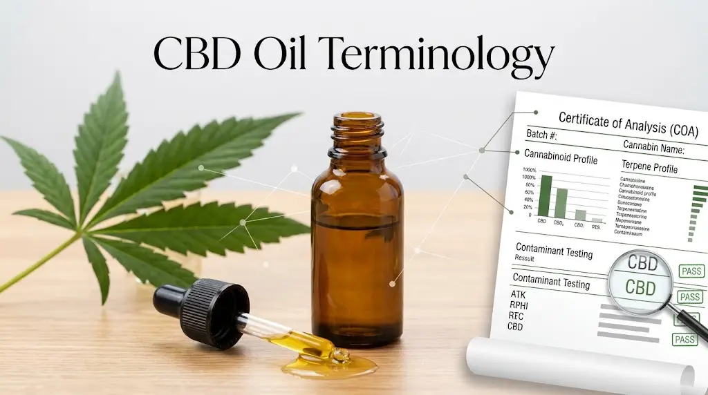 CBD Oil Terminology guide featuring amber dropper bottle, botanical hemp leaves, and COA lab report
