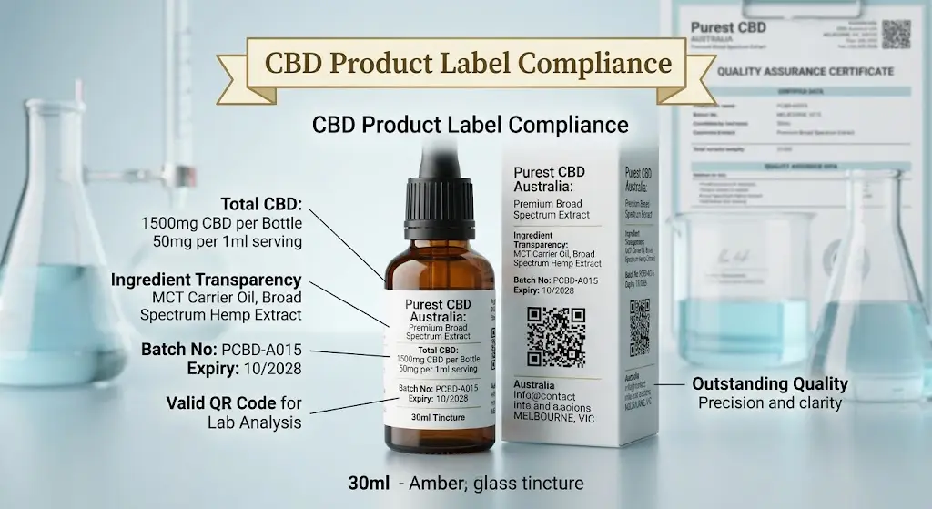 Compliant CBD Product Label in Australia with batch numbers, QR code, and cannabinoid concentration for outstanding quality assurance.