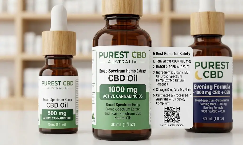 CBD Product Labels displayed on a premium amber glass dropper bottle in Australia