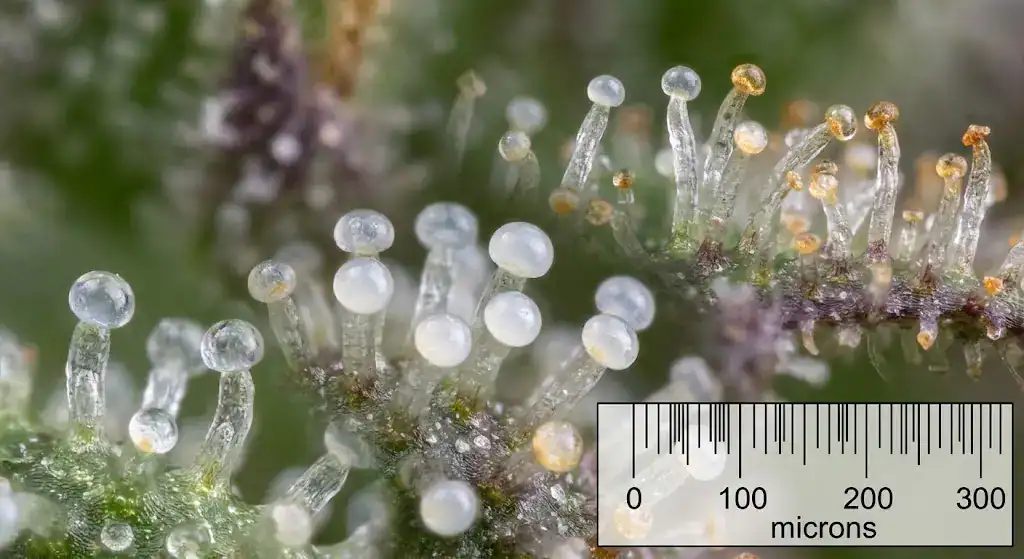 Hemp Trichome Development showing capitate-stalked glandular structures under macro magnification