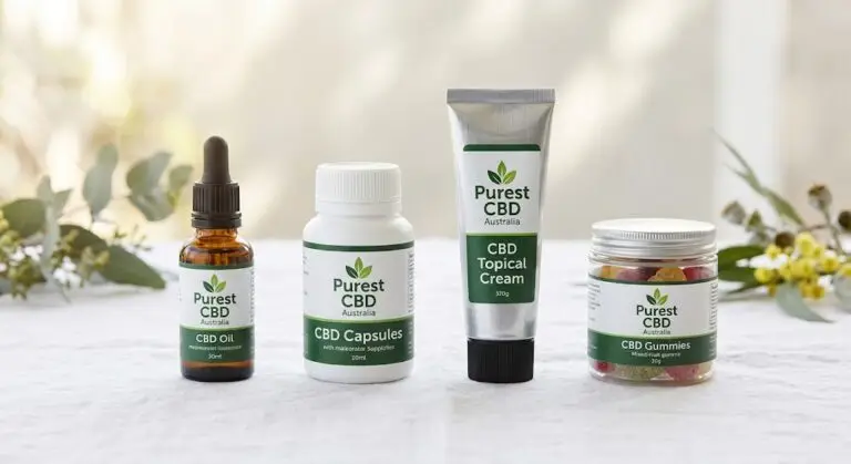 Four Purest CBD Australia products, including branded CBD oil, capsules, topicals, and gummies, displayed on a clean Australian wellness background.