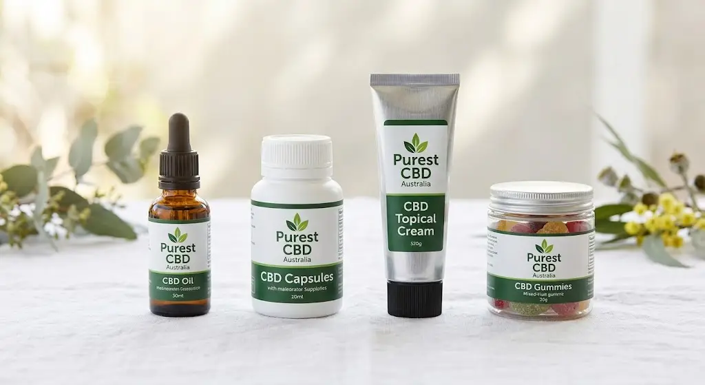 Four Purest CBD Australia products, including branded CBD oil, capsules, topicals, and gummies, displayed on a clean Australian wellness background.